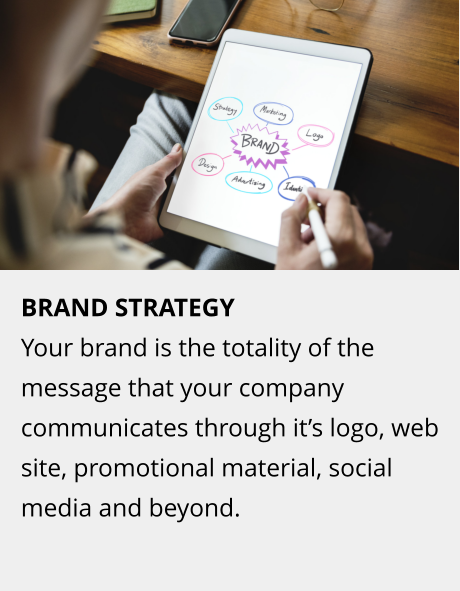 BRAND STRATEGY Your brand is the totality of the message that your company communicates through it’s logo, web site, promotional material, social media and beyond.